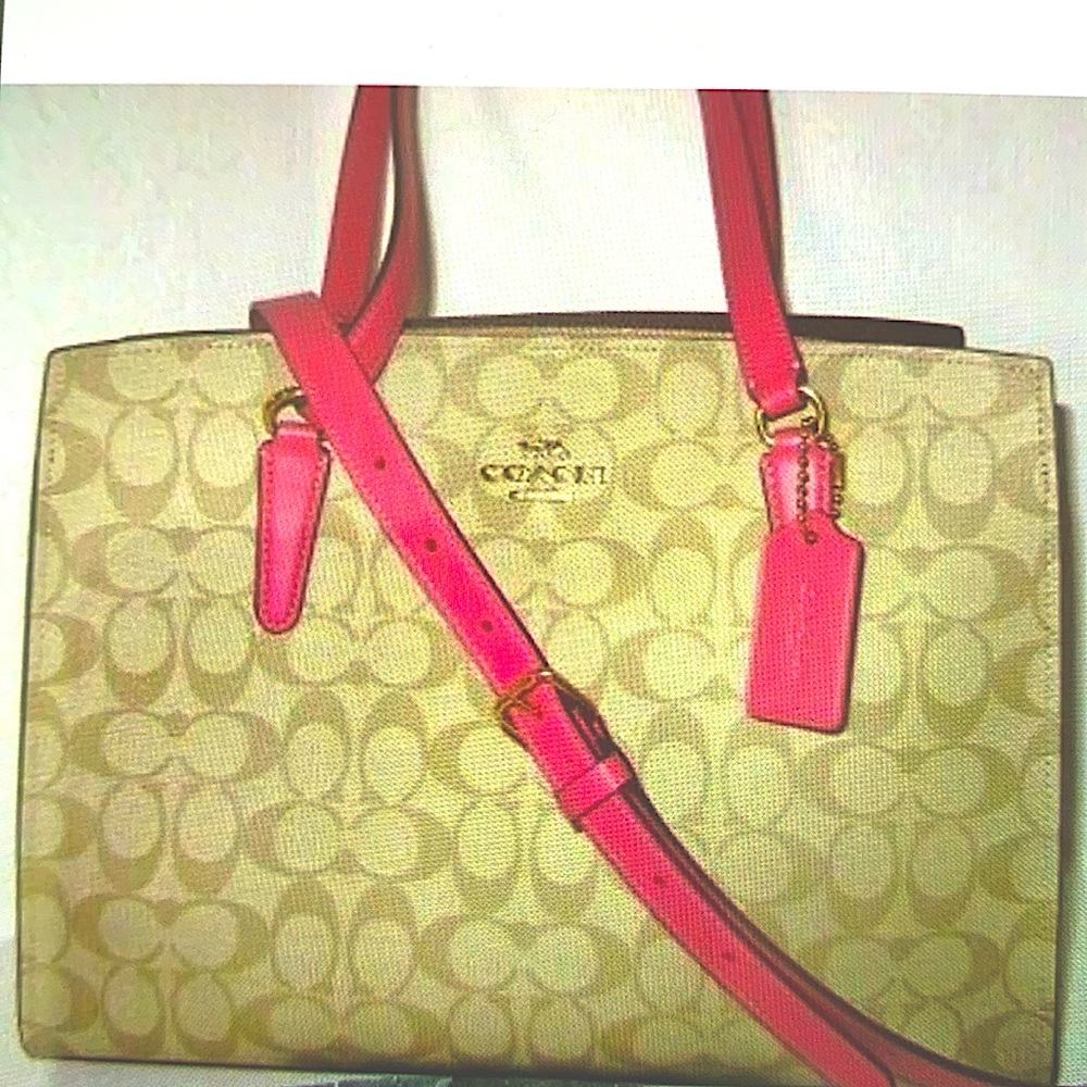 **BRAND NEW** COACH Tatum Carryall Signature Leather Canvas Khaki & Pink Handbag